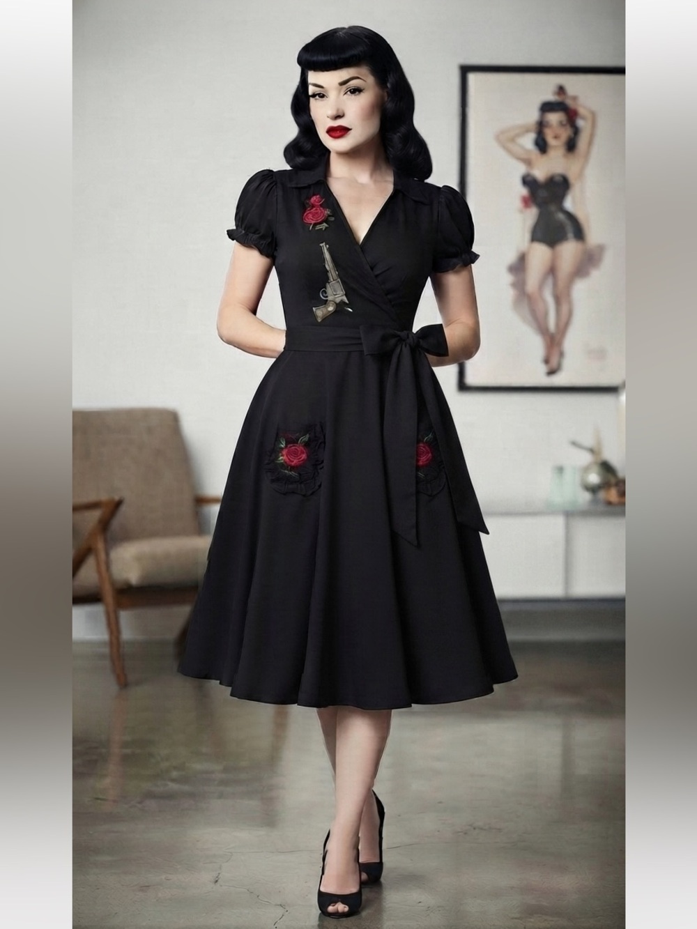 Lucky 13 Black Western Guns and Roses  Embroidered Short Sleeve Wrap Dress XS